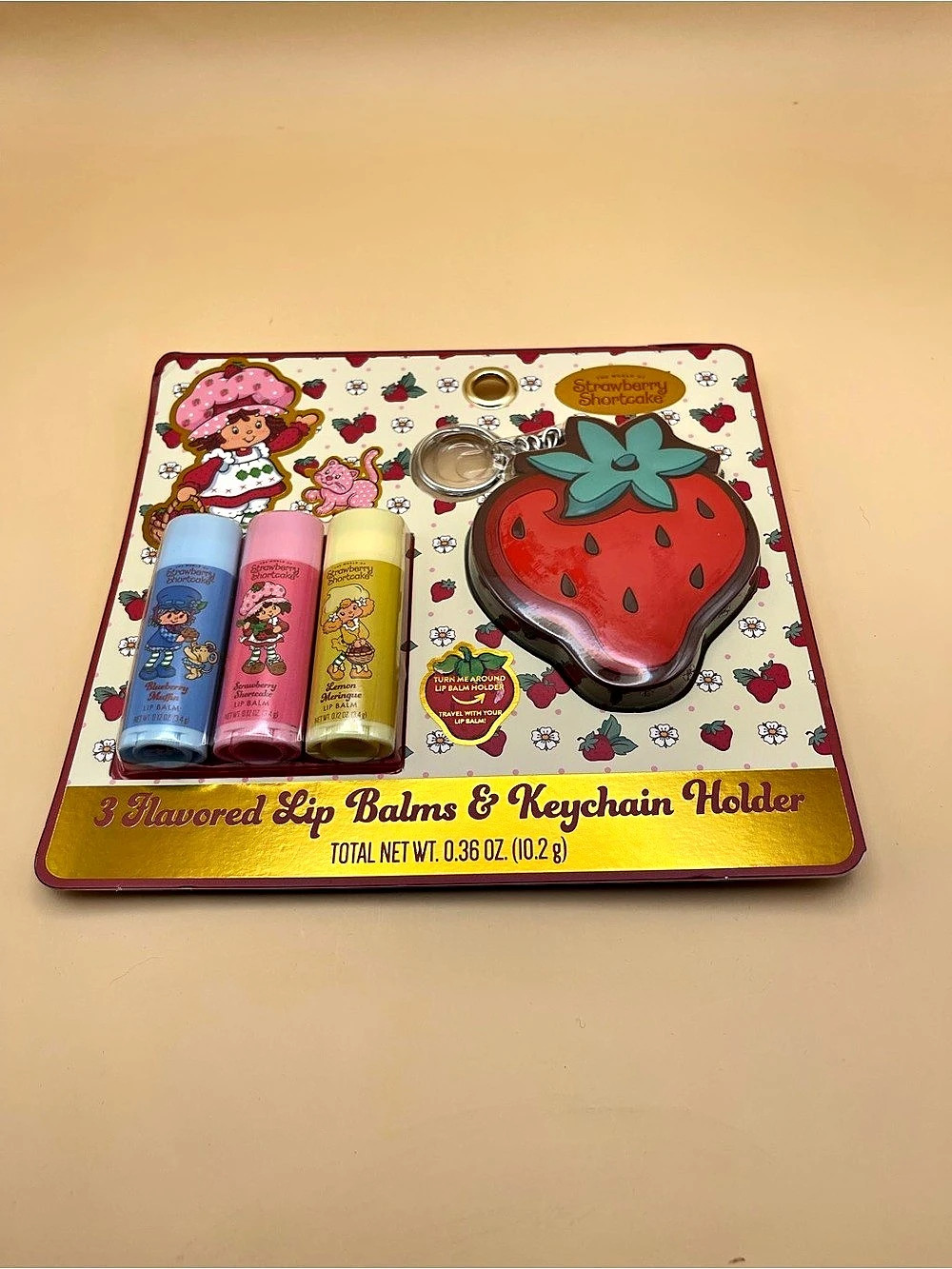 Taste Beauty Strawberry Shortcake 3 Flavored Lip Balms & 1 Keychain Holder, NWT🍓